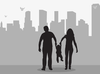 Wall Mural - isolated silhouette of family on city background