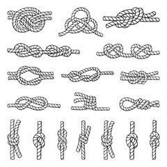 Wall Mural - illustrations of different nautical knots and nodes. cordage icons set. hand drawn pictures isolate 