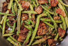 Close-up Of Healthy Sauteed Green Beans With Bacon, Onion, And Bread Crumbs