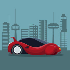 futuristic city landscape silhouette with colorful sport red modern car