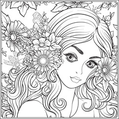 Wall Mural - A young beautiful girl with a wreath of flowers on her head. Against the background of a flower pattern. Outline hand drawing coloring page for adult coloring book.