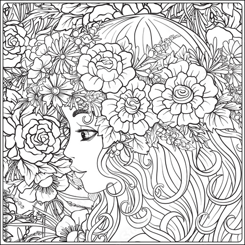 A Young Beautiful Girl With A Wreath Of Flowers On Her Head Against The Background Of A Flower Pattern Outline Hand Drawing Coloring Page For Adult Coloring Book Buy This Stock