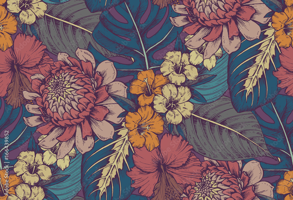 Vector seamless pattern with compositions of hand drawn tropical flowers - obrazy, fototapety, plakaty 