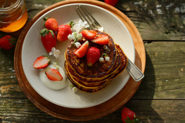 Canvas Print - Breakfast pancake with cream and strawberry