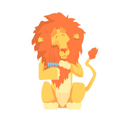 Wall Mural - Cute cartoon lion combing its mane colorful character, animal grooming vector Illustration