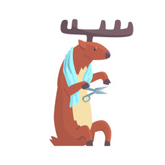 Sticker - Cute cartoon deer cutting his nails colorful character, animal grooming vector Illustration