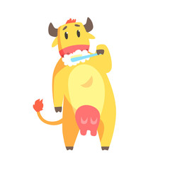 Wall Mural - Cute cartoon cow brushing teeth with tooth brush and paste colorful character, animal grooming vector Illustration