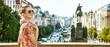 tourist woman on Vaclavske namesti in Prague having excursion