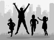 © zolotons - Vector, silhouette of woman and children jumping against city background