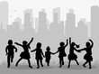 © zolotons - Vector, silhouette of children rejoice, jump on city background