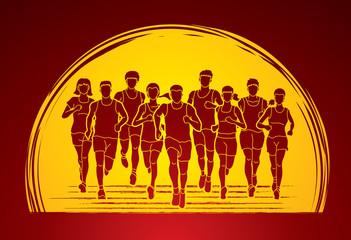 Wall Mural - Marathon runners, Group of people running, Men and women running designed on sunrise  background graphic vector.