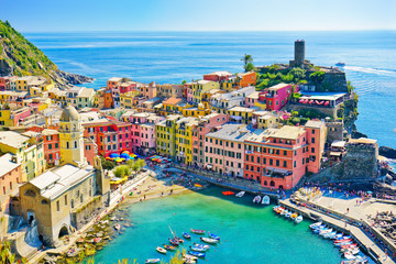 View of the beautiful seaside of Vernazza village in summer in the Cinque Terre area, Italy.