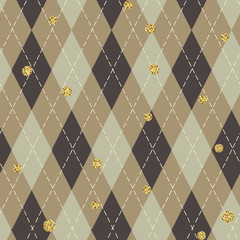 Aufkleber - Seamless blue argyle pattern with chaotic golden dots. Traditional diamond check print. Vintage seamless background.