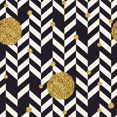 Aufkleber - Chevron black pattern and golden chaotic dots. Seamless pattern design background.