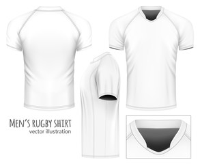 Rugby jersey (white variant, front, side and rear views). Vector