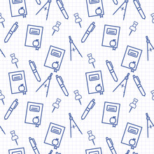 Seamless Pattern With Blue Line Art Icon Of Notebook, Compasses, Pen And Compasses On Notebook Page Background. Vector Illustration. Background For Wallpapers, Prints, Gift Wrap And Scrapbook. 