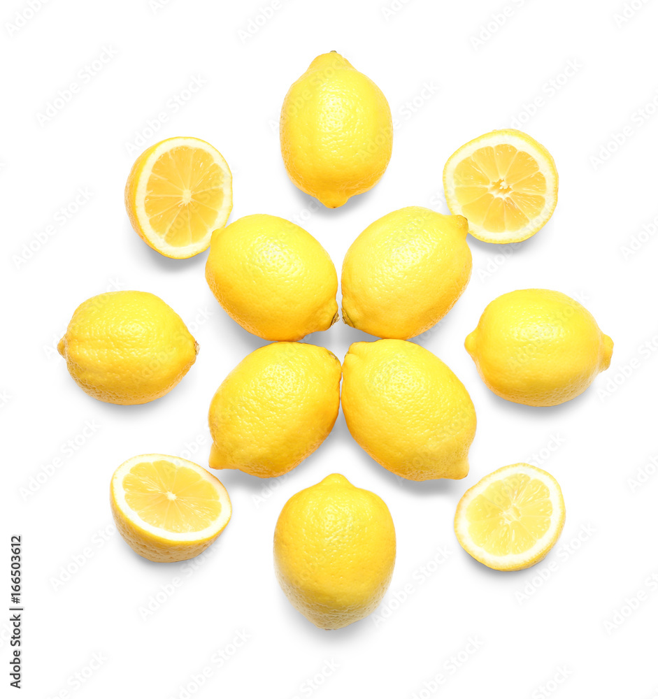 Delicious fresh lemons on white background
