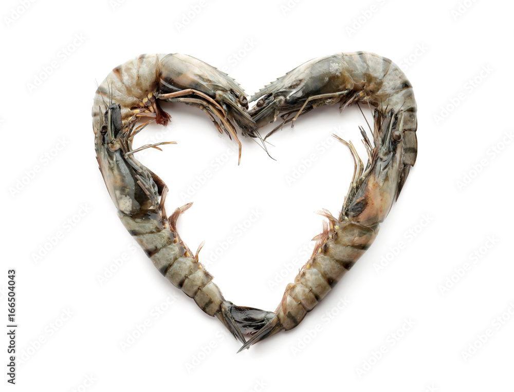 Fresh shrimps in shape of heart, isolated on white