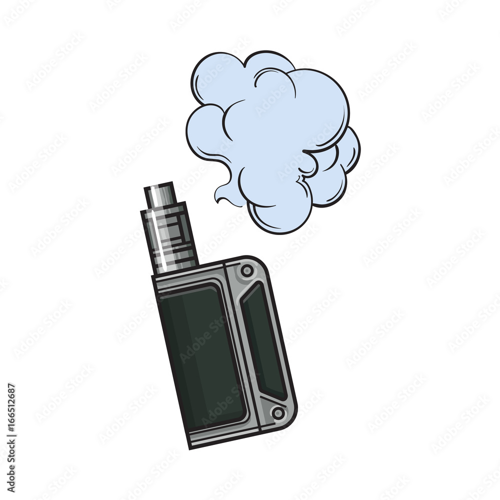 Hand drawn vape, vaping device with smoke cloud, sketch vector illustration  isolated on white background. Realistic hand drawing of vape, vaporizer  device emitting smoke cloud Stock Vector | Adobe Stock