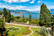 View of Baroque garden of island Bella - isola Bella with Lake Maggiore in background, Verbania, Italy