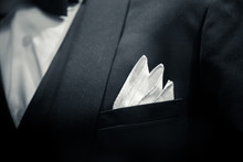 Gentle Man Closeup Groom Tuxedo Suit For Luxury Dinner Black And White Art Tone.