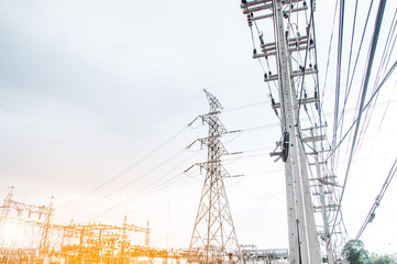 Green energy concept, Electricity station, Electricity plant landscape over blue sky.