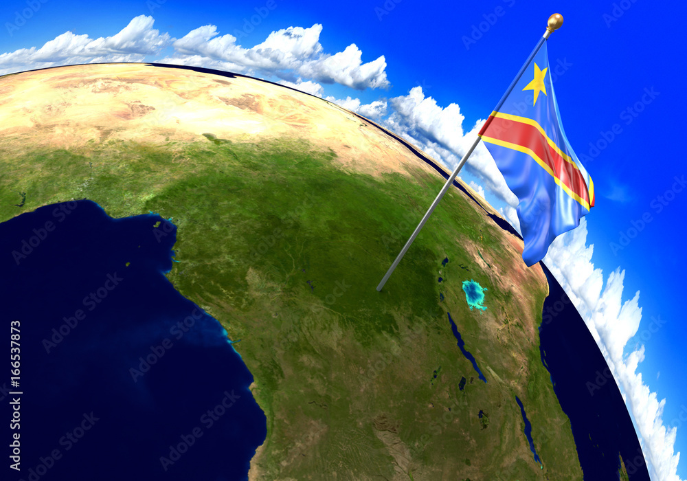 DR Congo national flag marking the country location on world map. 3D ...