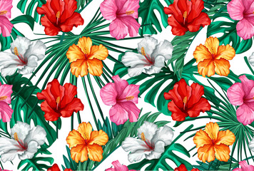 Vector tropical leaves hibiscus seamless pattern