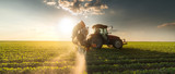 Fototapeta  - Tractor spraying soybean field at spring