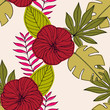 Seamless pattern with tropical leaves and a hibiscus rose
