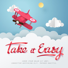 Paper Art And Red Ribbon Of Take It Easy Calligraphy Hand Lettering On Cloud And Red Plane Fly On The Sky