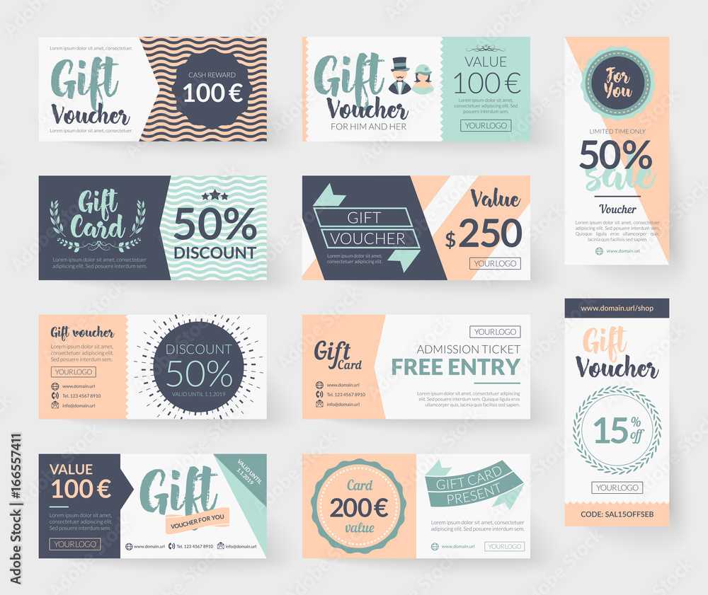 Vector gift voucher illustrations. Vintage style design, romantic color palette, resources and elements.  Background template for gift card, discount coupon and entry ticket. - obrazy, fototapety, plakaty 
