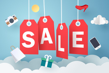 Paper art of Sale tag hanging on sky, shopping and business promotion concept