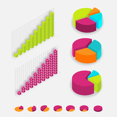 Isometric charts percentage, diagrams, revenue growth graph. Business infographic vector  illustration, diagram pie chart symbols, different statistic parameters.