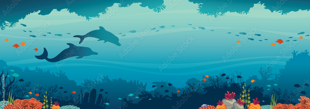 Dolphins, coral reef, fish and underwater sea. - obrazy, fototapety, plakaty 