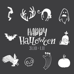 Poster - Happy Halloween symbols set with Holiday lettering greeting. Hand drawn typography for october holiday. Bat, pumpkin, cat, ghost, skull cartoon characters. Vector sketch illustration