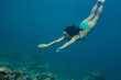 © willyam - A brunette girl diving into blue sea water. Underwater photography of sport activity