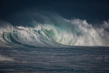 Wall Mural - huge waves crashing in storming ocean. seascape rough environment background. water texture with foa