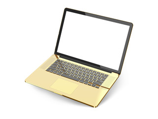 Laptop with blank screen isolated on white background, gold aluminium body. Whole in focus. High detailed.