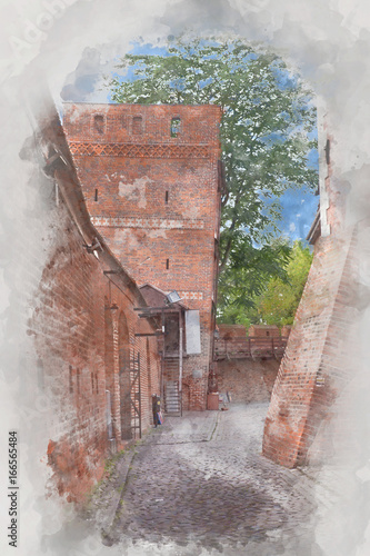 leaning-tower-torun-poland-digital-watercolor-illustration