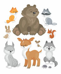 The image of cute forest animals in cartoon style. Children’s illustration. Vector set.