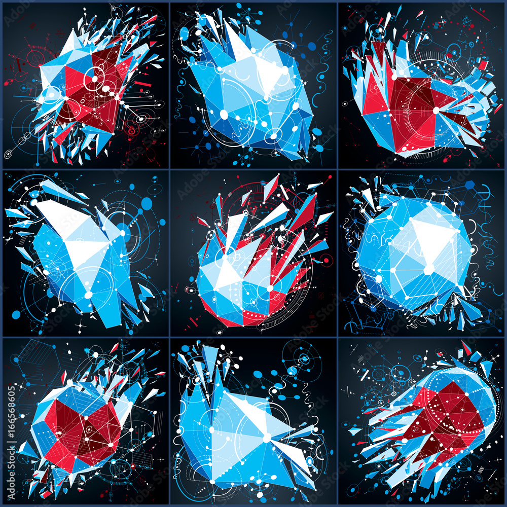 Set of technology 3d vector drawings with low poly demolished geometric ...