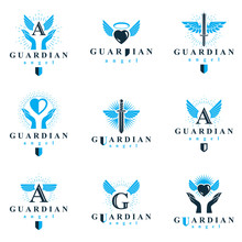 Holy Spirit Graphic Vector Logotypes Collection, Can Be Used In Charity And Catechesis Organizations. Vector Emblems Created Using Battle Swords, Loving Hearts And Guardian Shields.