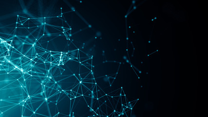 Abstract connected dots on bright blue background. Technology backdrop with depth of field. 3D rendering
