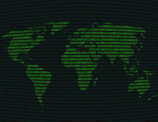 image of a flat world map against a background of binary code