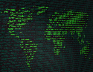 image of a flat world map against a background of binary code