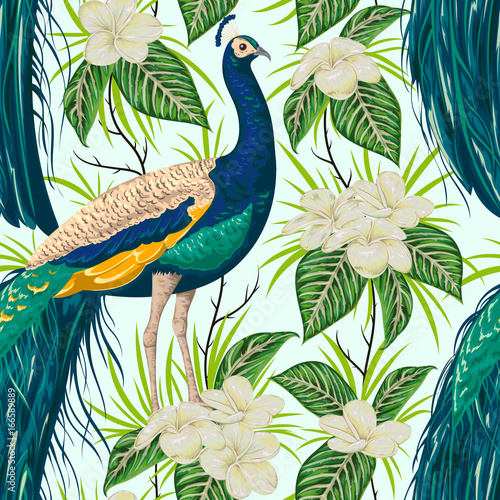 Stoffe zum Nähen Nahtlose Muster mit Pfau, Blumen und Blätter. Vintage handgezeichnete Vektor-Illustration im Aquarell-Stil