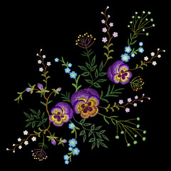 Embroidery pancies floral pattern small branches wild herb with little blue violet field flower. Ornate traditional folk fashion patch design neckline black background vector illustration