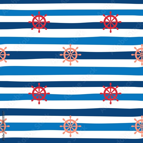 Cotton fabric Seamless marine background with watercolor lifebuoy on stripe