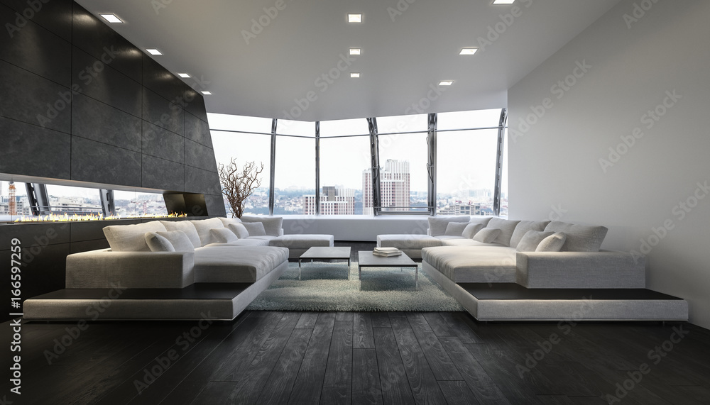 Luxurious penthouse lounge room with city view - obrazy, fototapety, plakaty 